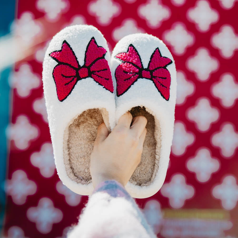 Hot Pink Coquette Bow Fuzzy Slippers-M/L