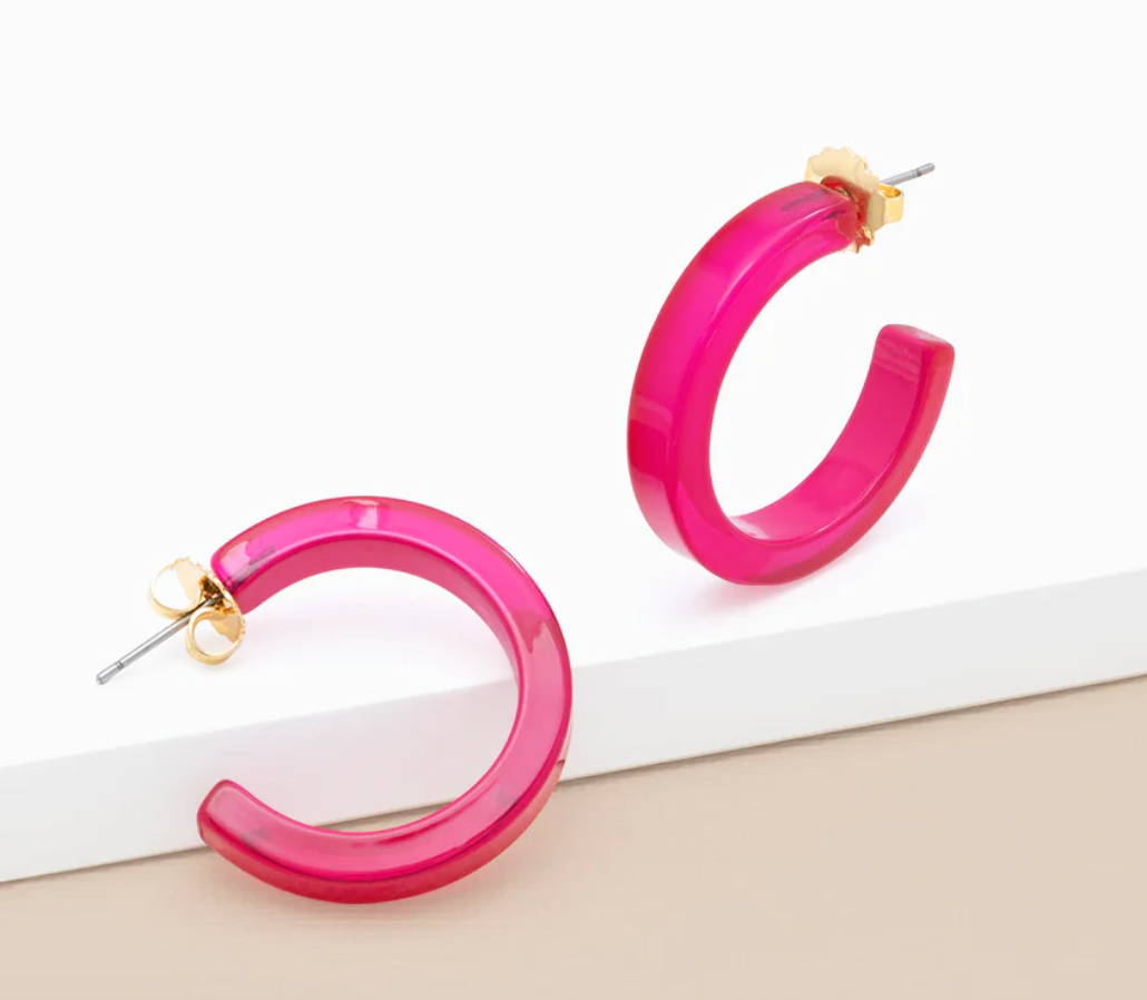 Small Resin Open Hoop Earring-Hot Pink