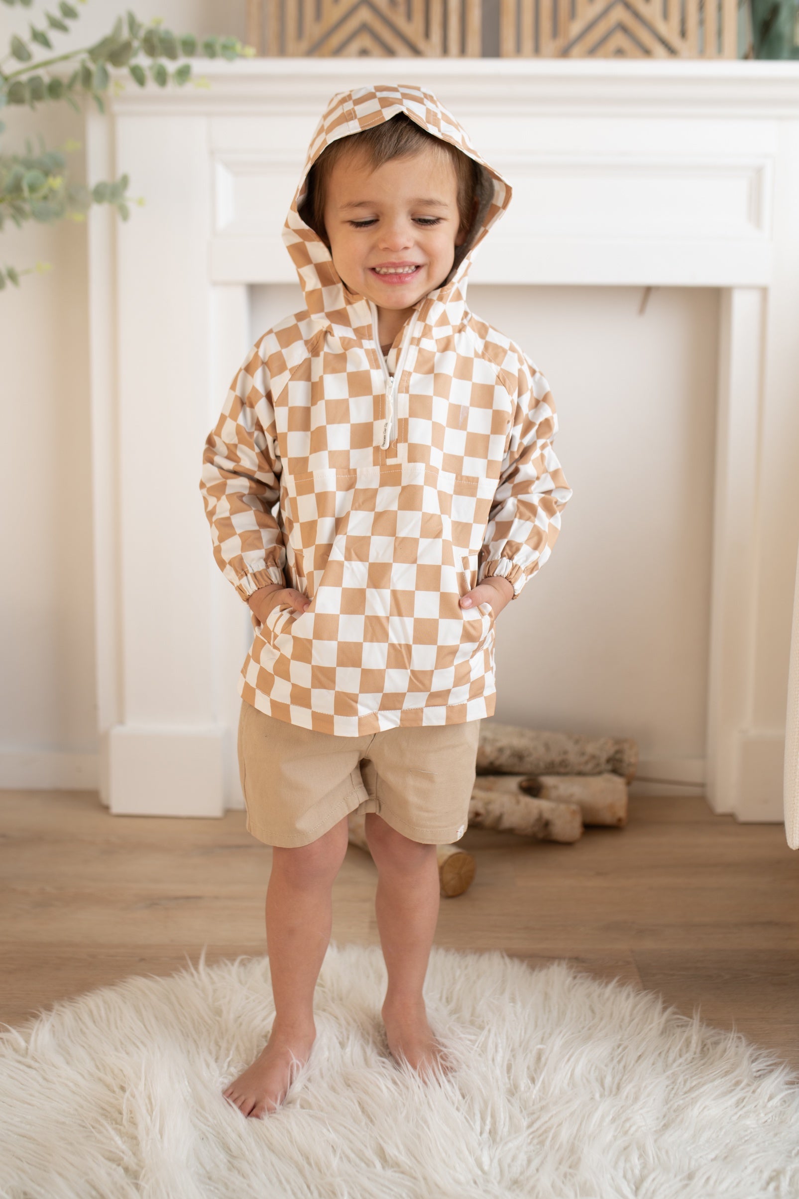 Kid's Tan Checkered Half-Zip Pullover