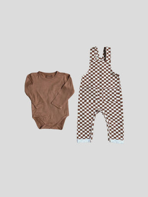 Caramel Checkered Baby Pocket Overalls Set