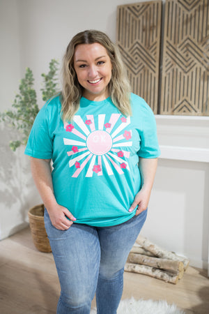 Teal OK Smiley Tee with Flowers