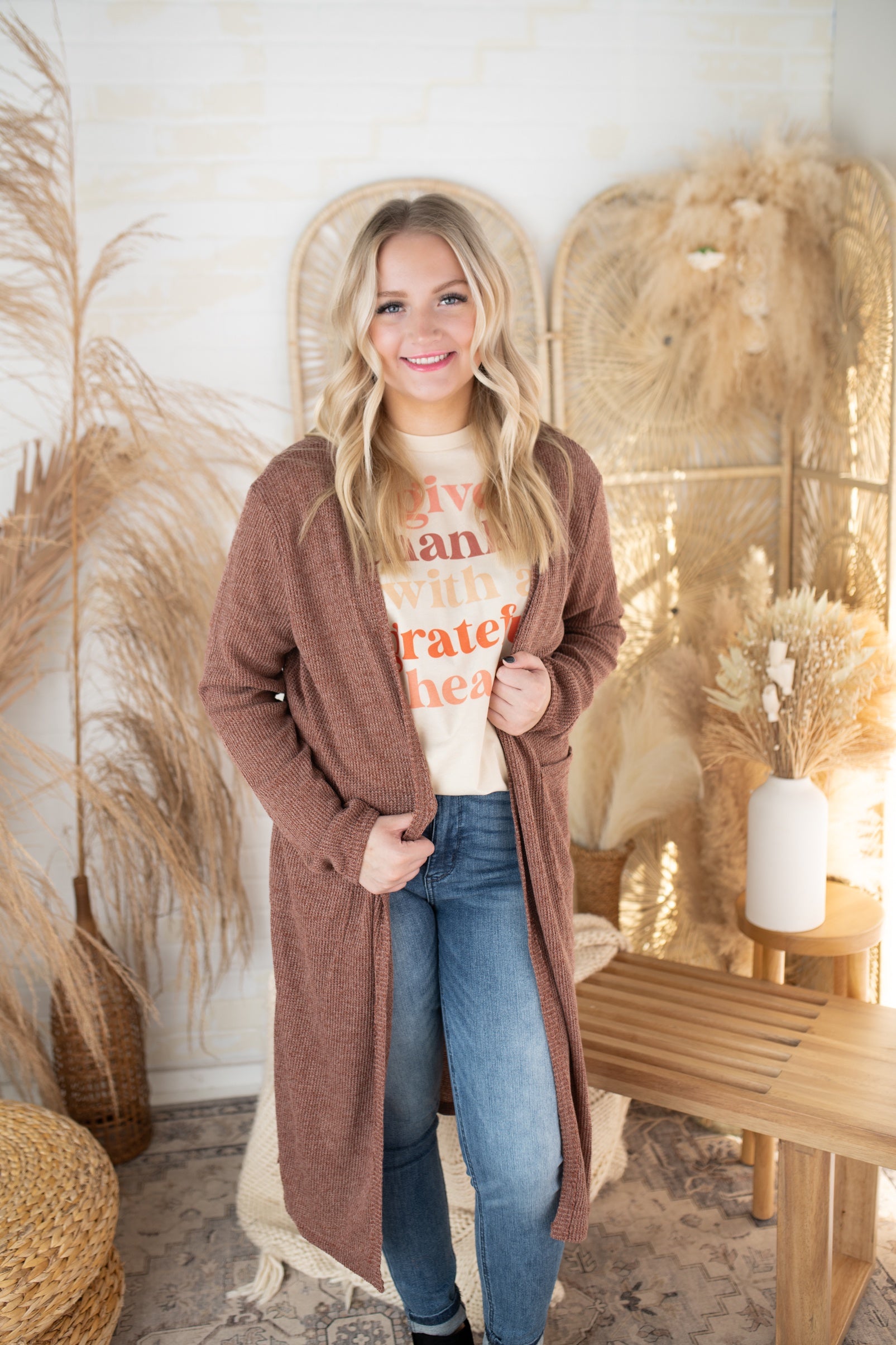 Rust Knit Banded Sleeve Long Cardigan