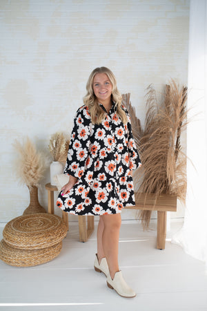 The Perfect Black and Orange Floral Dress