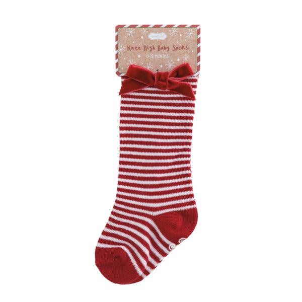 Tall Red Stripe Bow Socks 0-12 Months