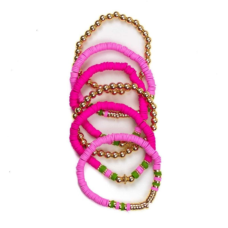 Clay Bead Bracelet Pink Green Gold