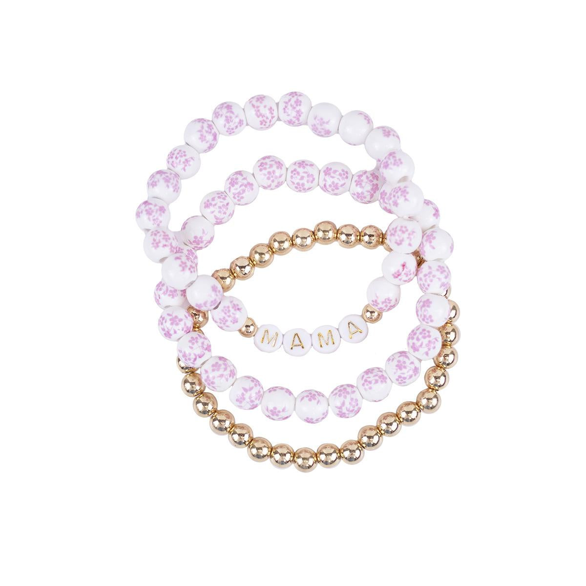 Mama Bead Bracelet Stack Pink White Gold