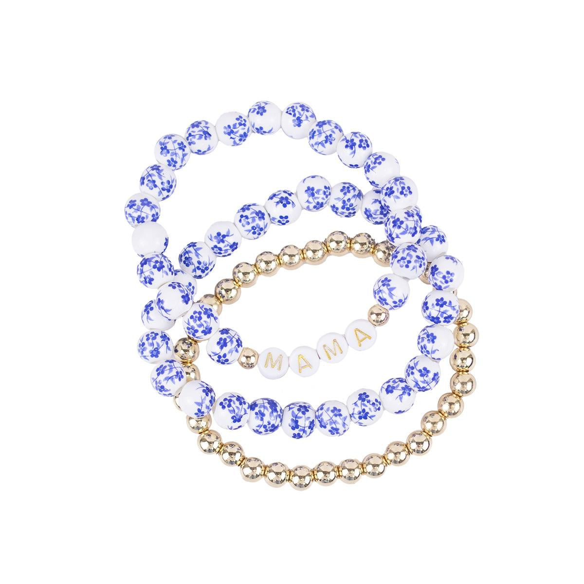 Mama Bead Bracelet Stack Blue White Gold