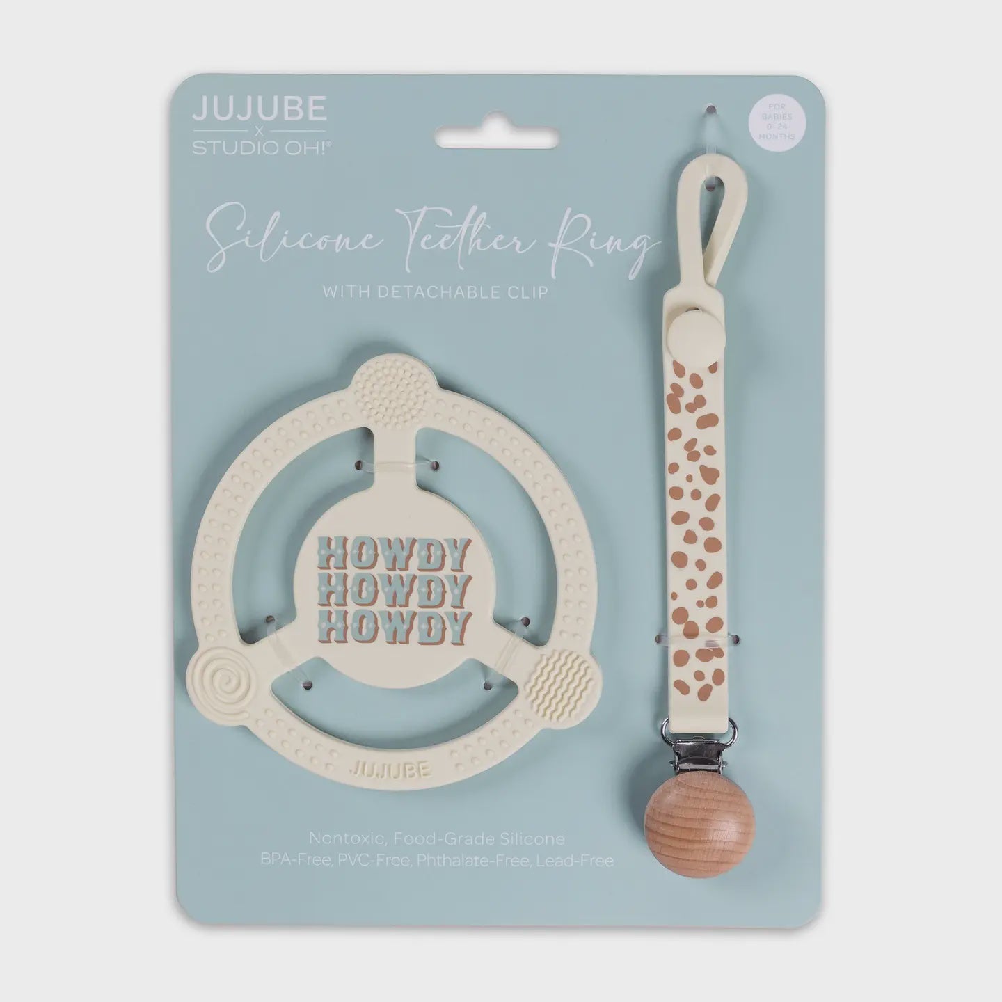 JuJuBe Silicone Teether Ring with Detachable Clip Howdy Partner Blue