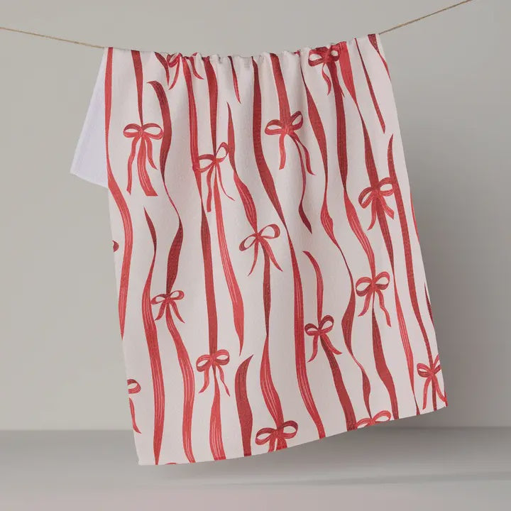 Falling Ribbon Scarlet Kitchen Tea Towel