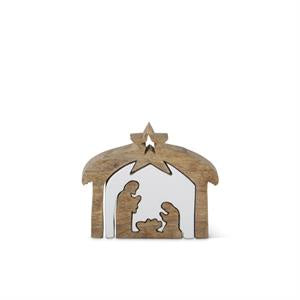 Wood Nativity With White Enameled Cutouts Small