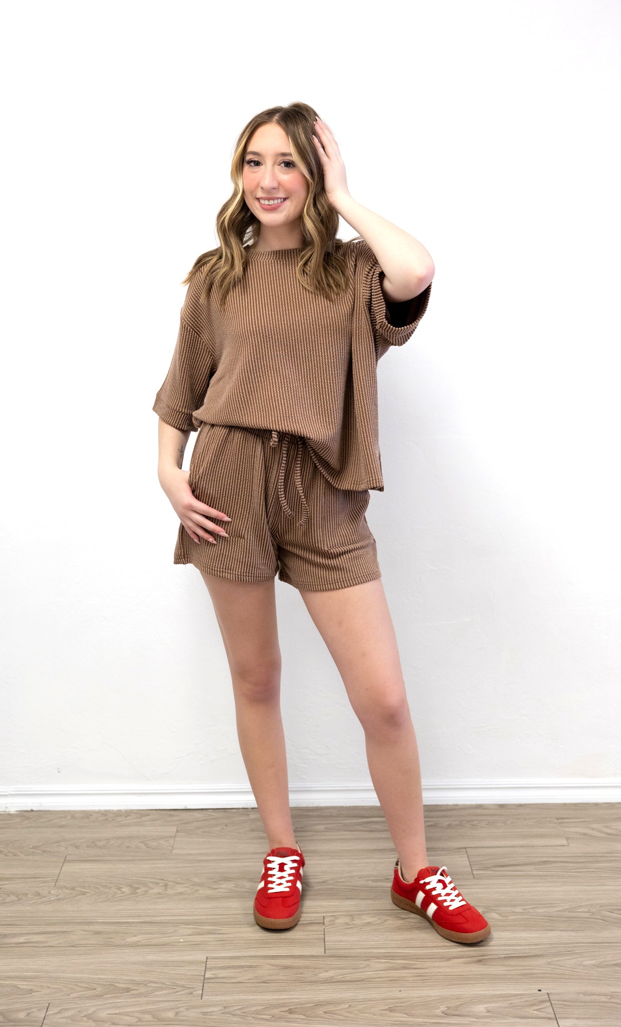 Raised Ribbed SS Tee & Short Set Brown