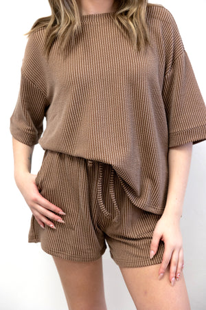 Raised Ribbed SS Tee & Short Set Brown