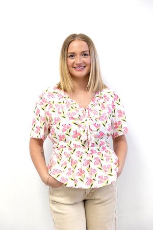 Springtime Floral Ruffled V-Neck Top