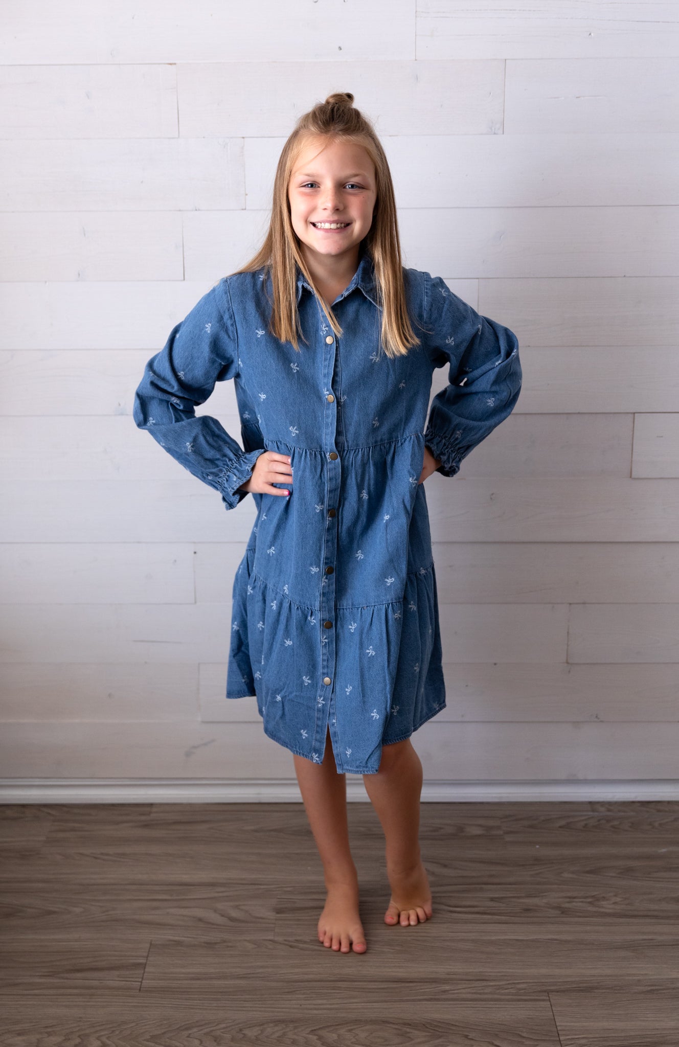 Denim Bow Printed Buttoned Denim Dress