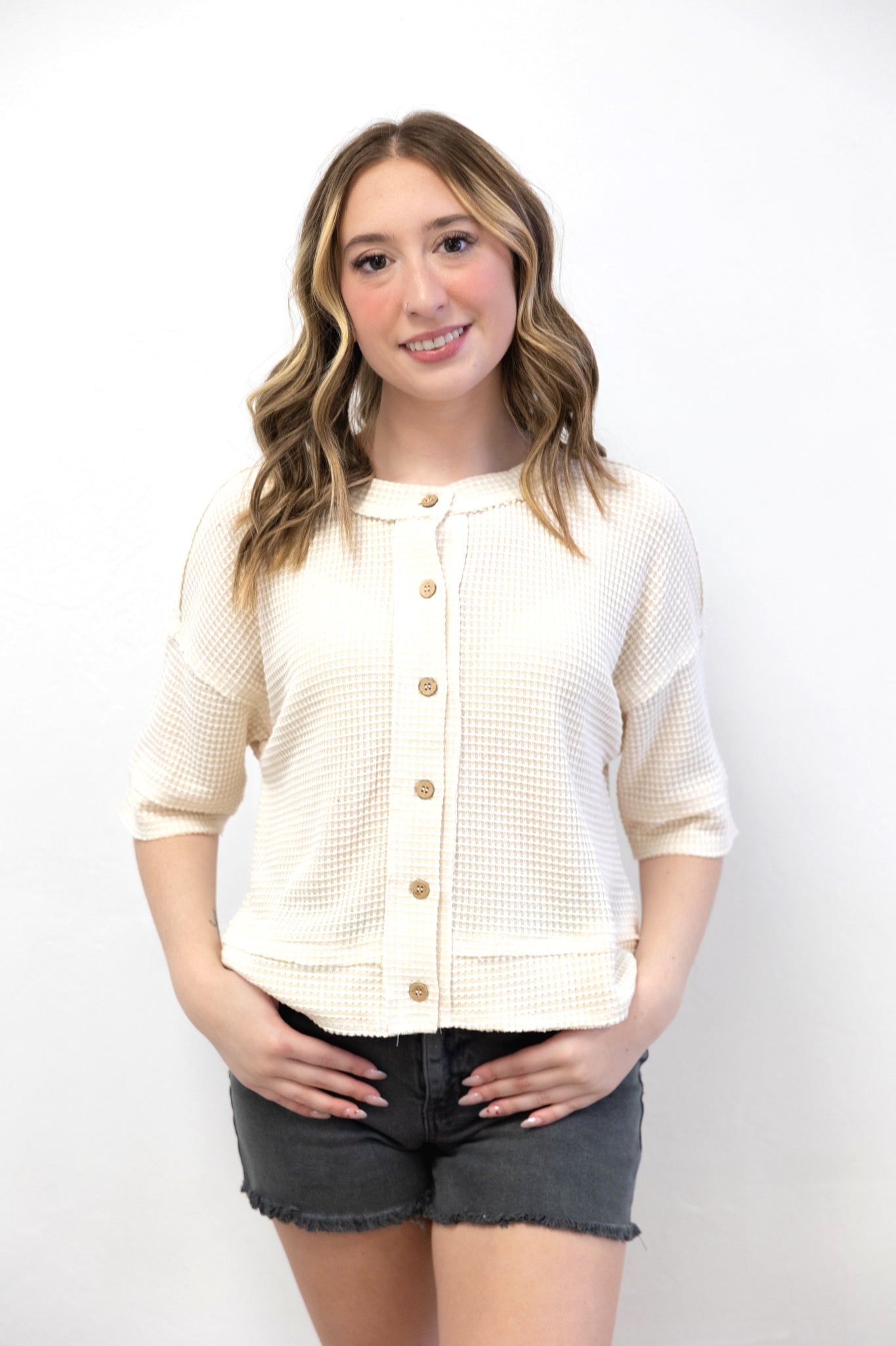 Cream Waffle Knit Button Down SS Cardigan
