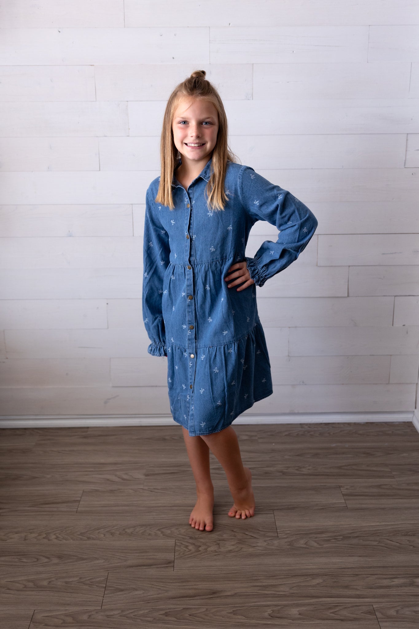 Denim Bow Printed Buttoned Denim Dress