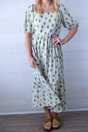 Alexi Cottage Style Green Stripe Dress