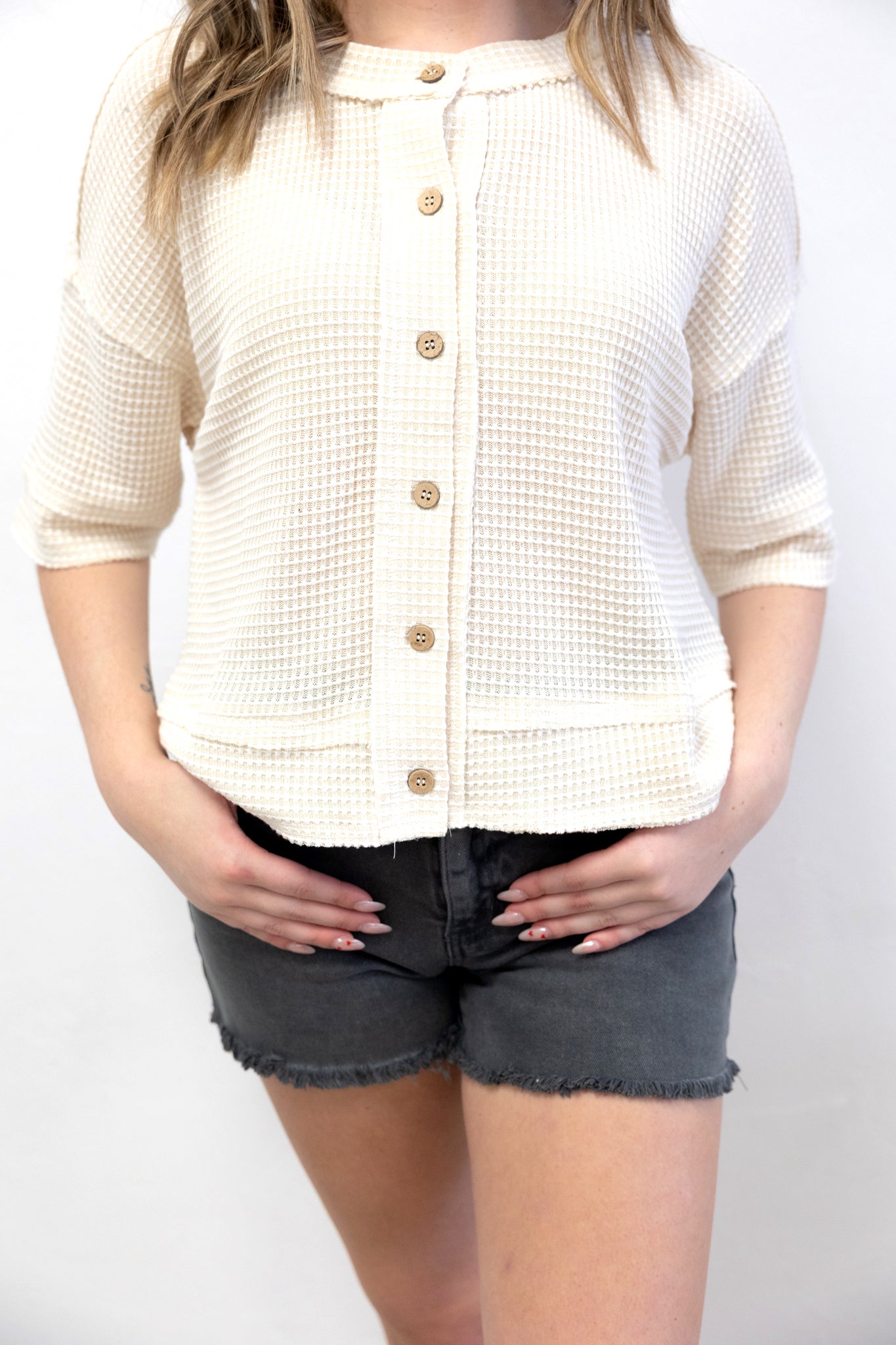 Cream Waffle Knit Button Down SS Cardigan - The Burlap Buffalo
