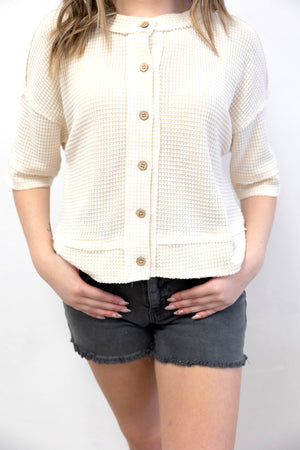 Cream Waffle Knit Button Down SS Cardigan