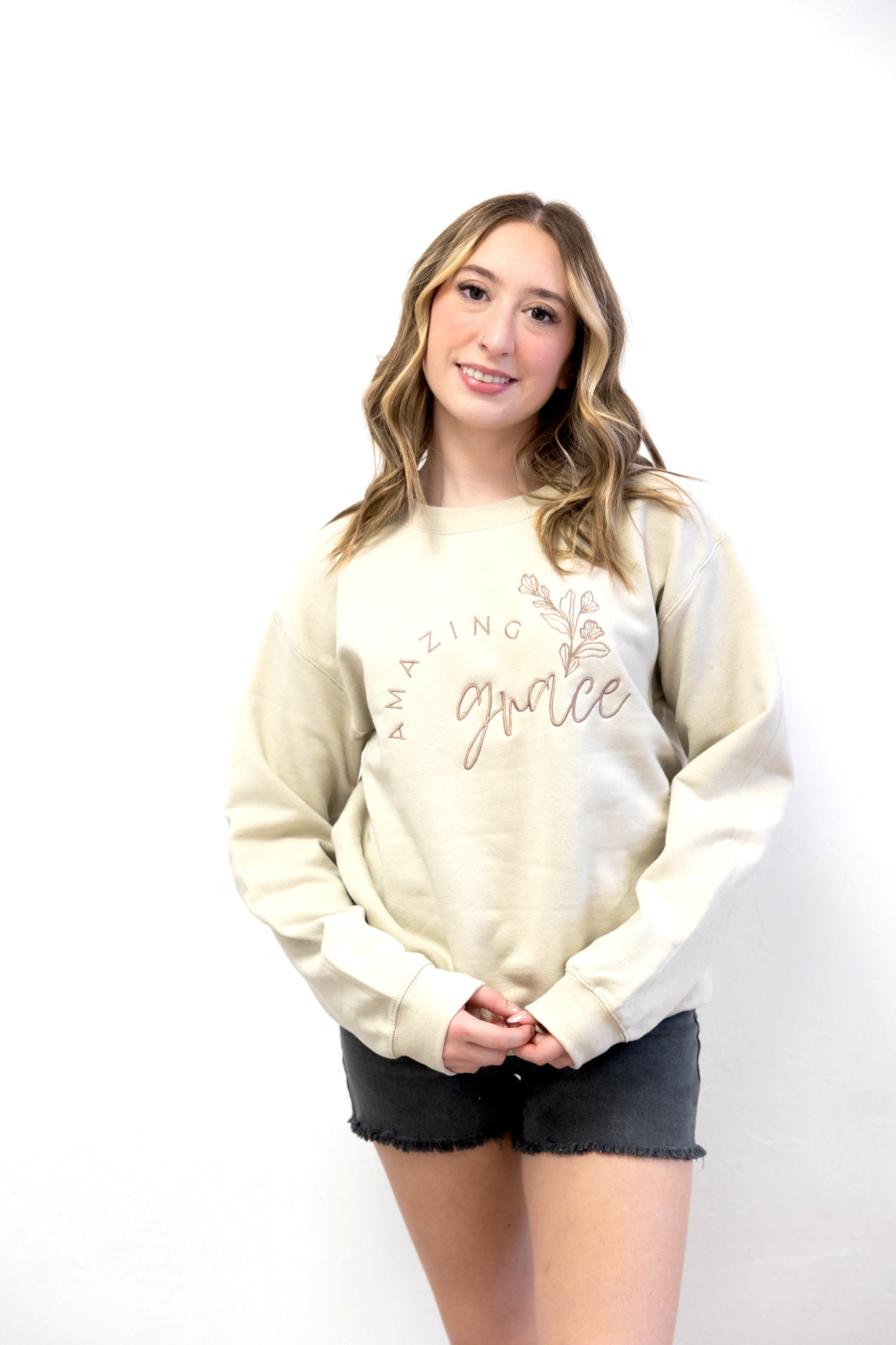 Amazing Grace Embroidered Sweatshirt Ivory