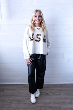 POL USA Leopard Print Patch French Terry Top