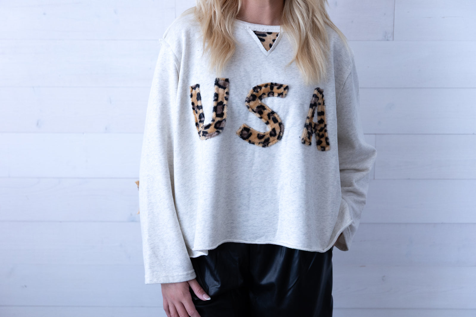 POL USA Leopard Print Patch French Terry Top