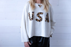 POL USA Leopard Print Patch French Terry Top