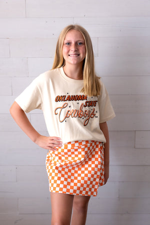 Gameday Checkered Frayed Hem Casual Skorts Orange