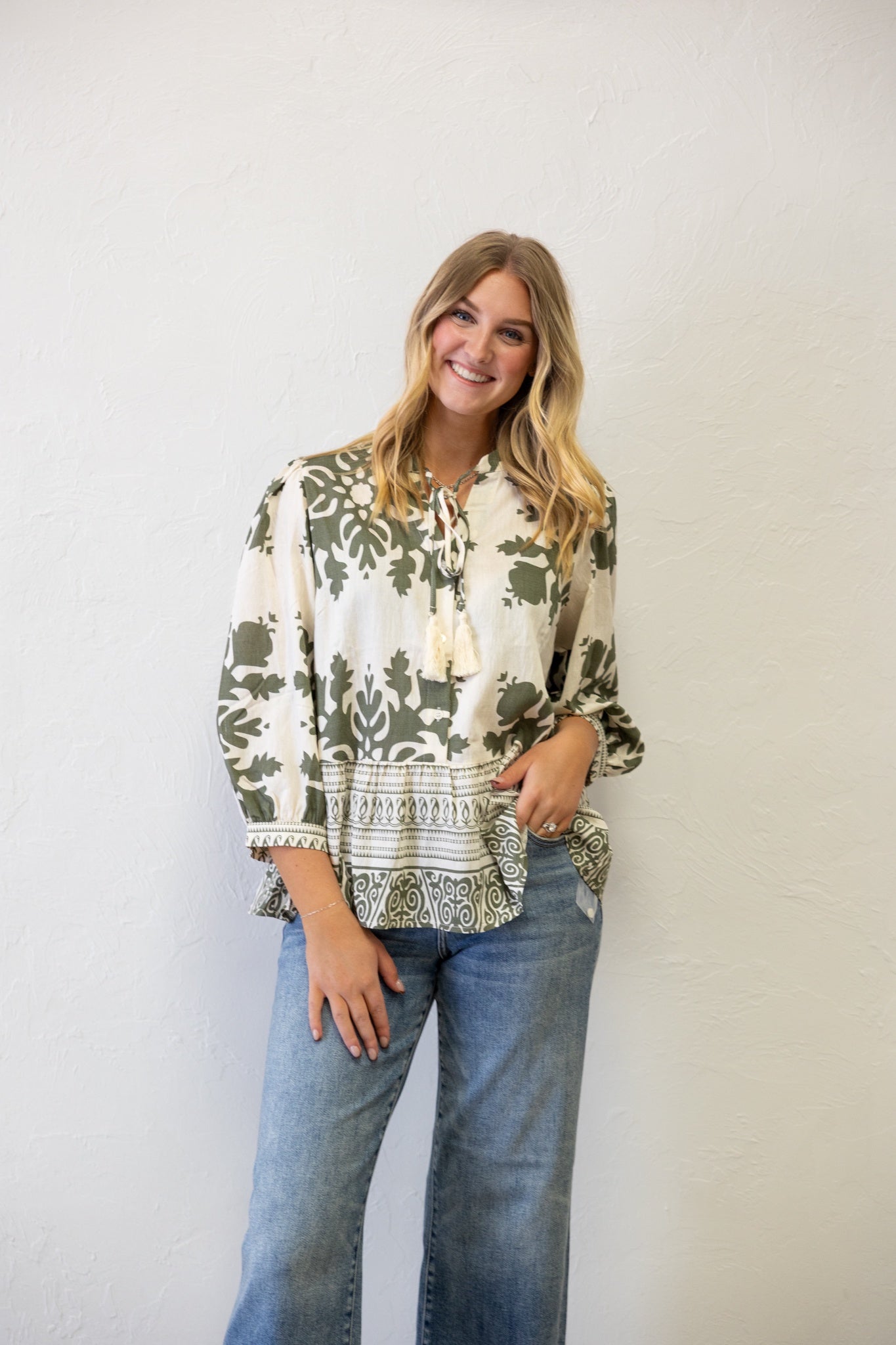 3/4 Baroque Floral Pattern Peasant Blouse Jodifl