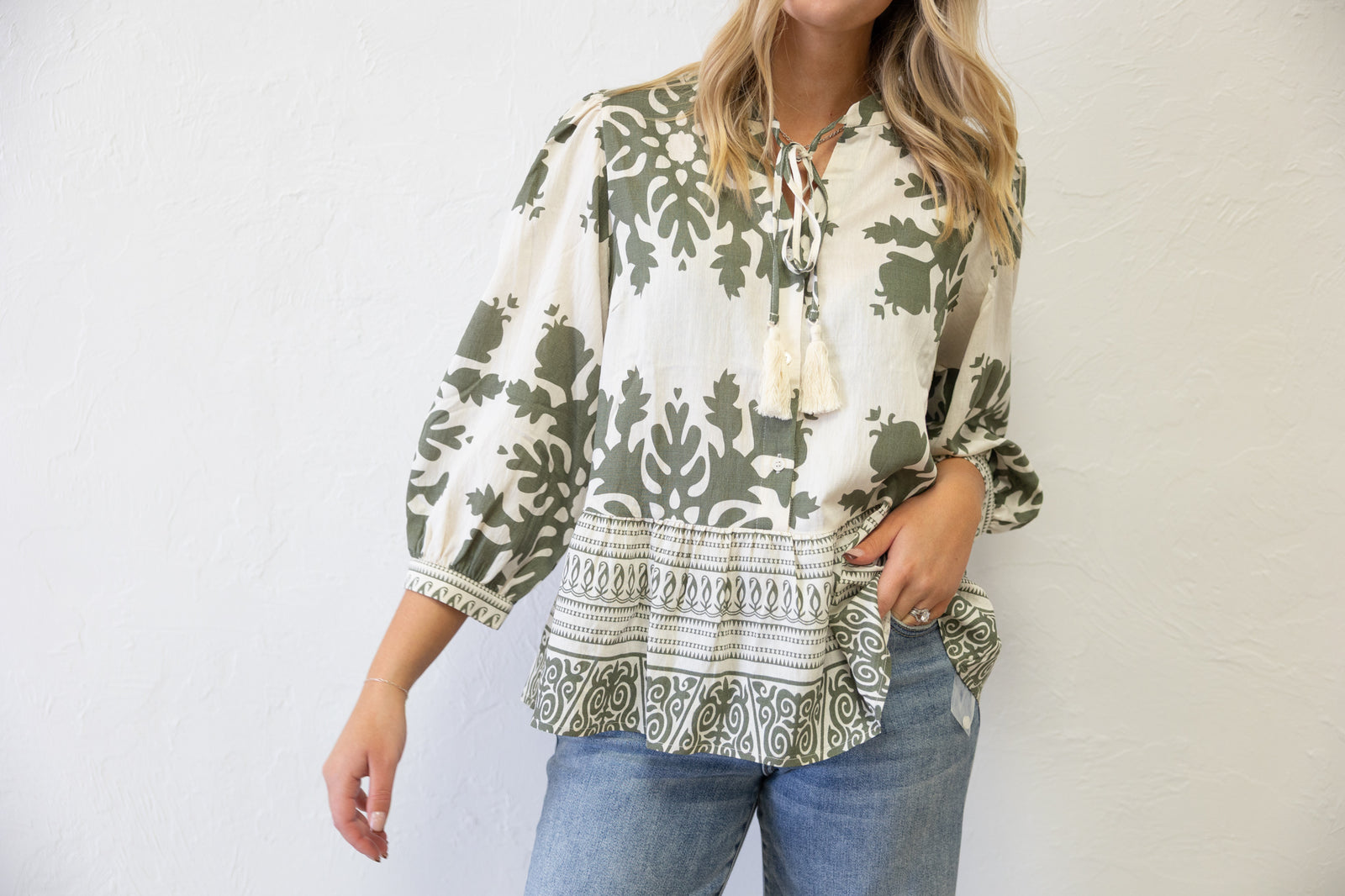 3/4 Baroque Floral Pattern Peasant Blouse Jodifl