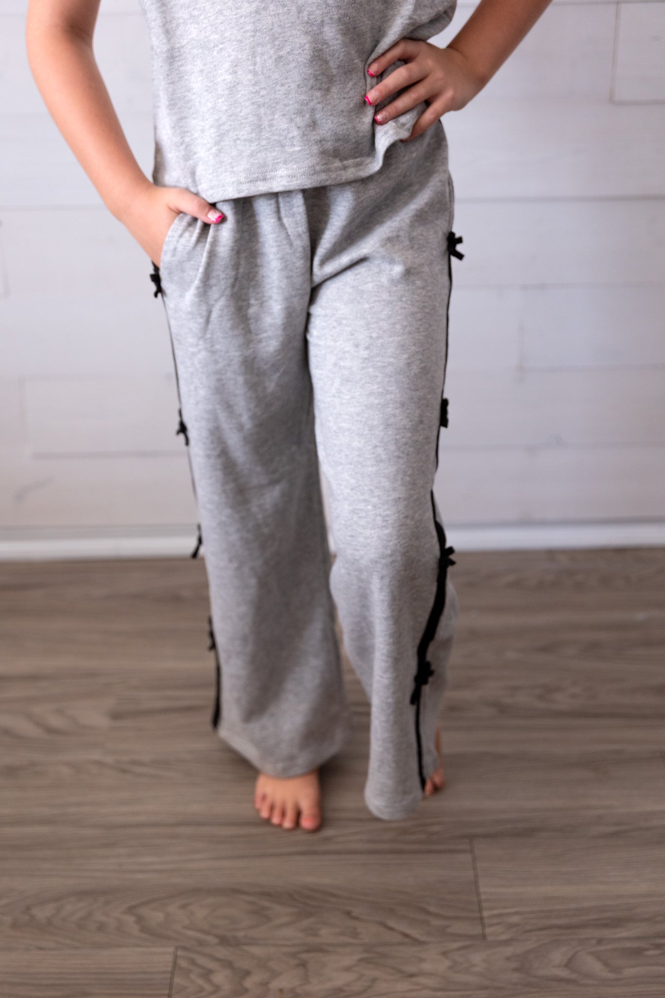 Girls Grey Sweat Pants with Black Bows