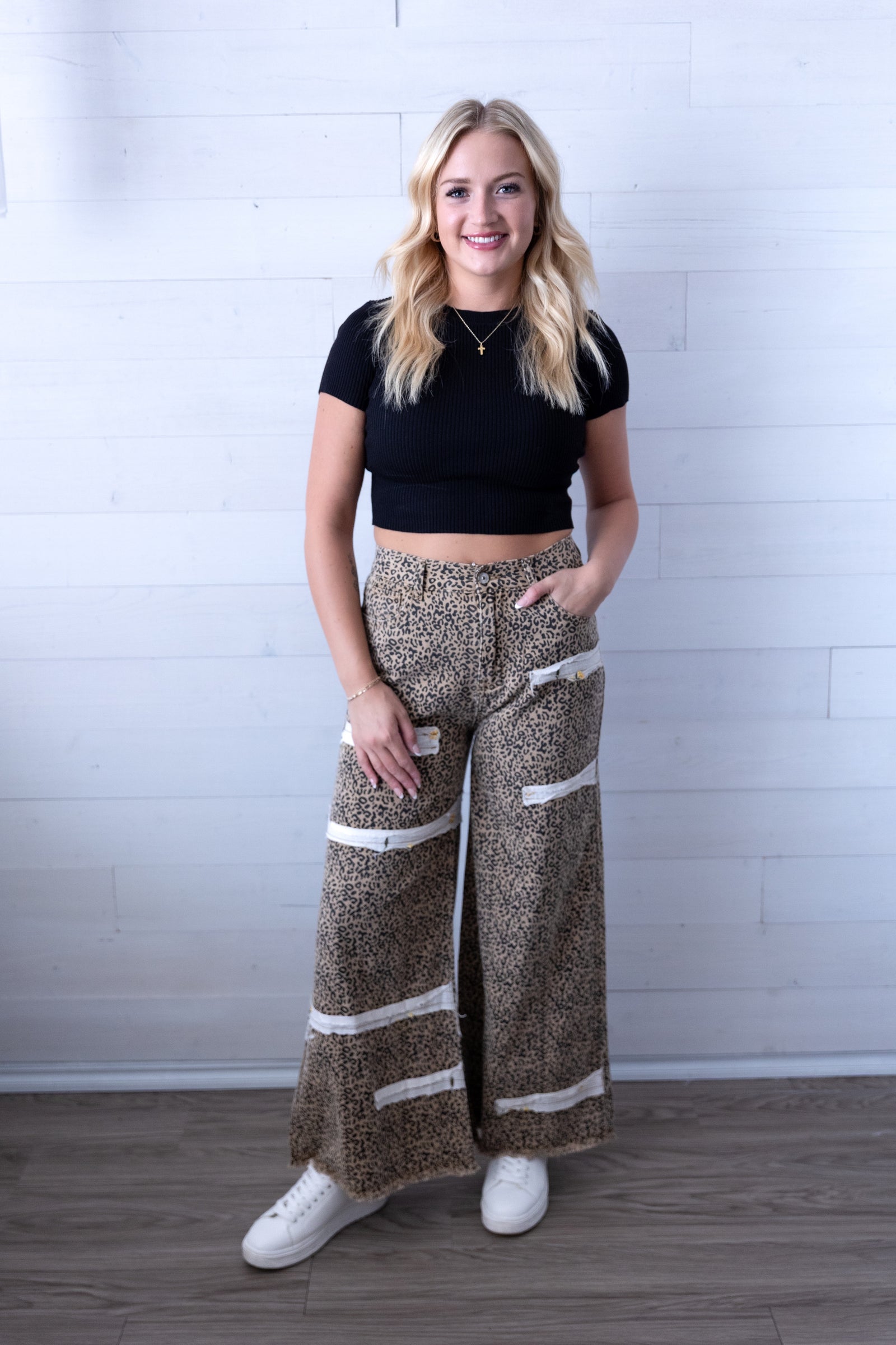 POL Leopard Print Pant with Floral Strip Patches