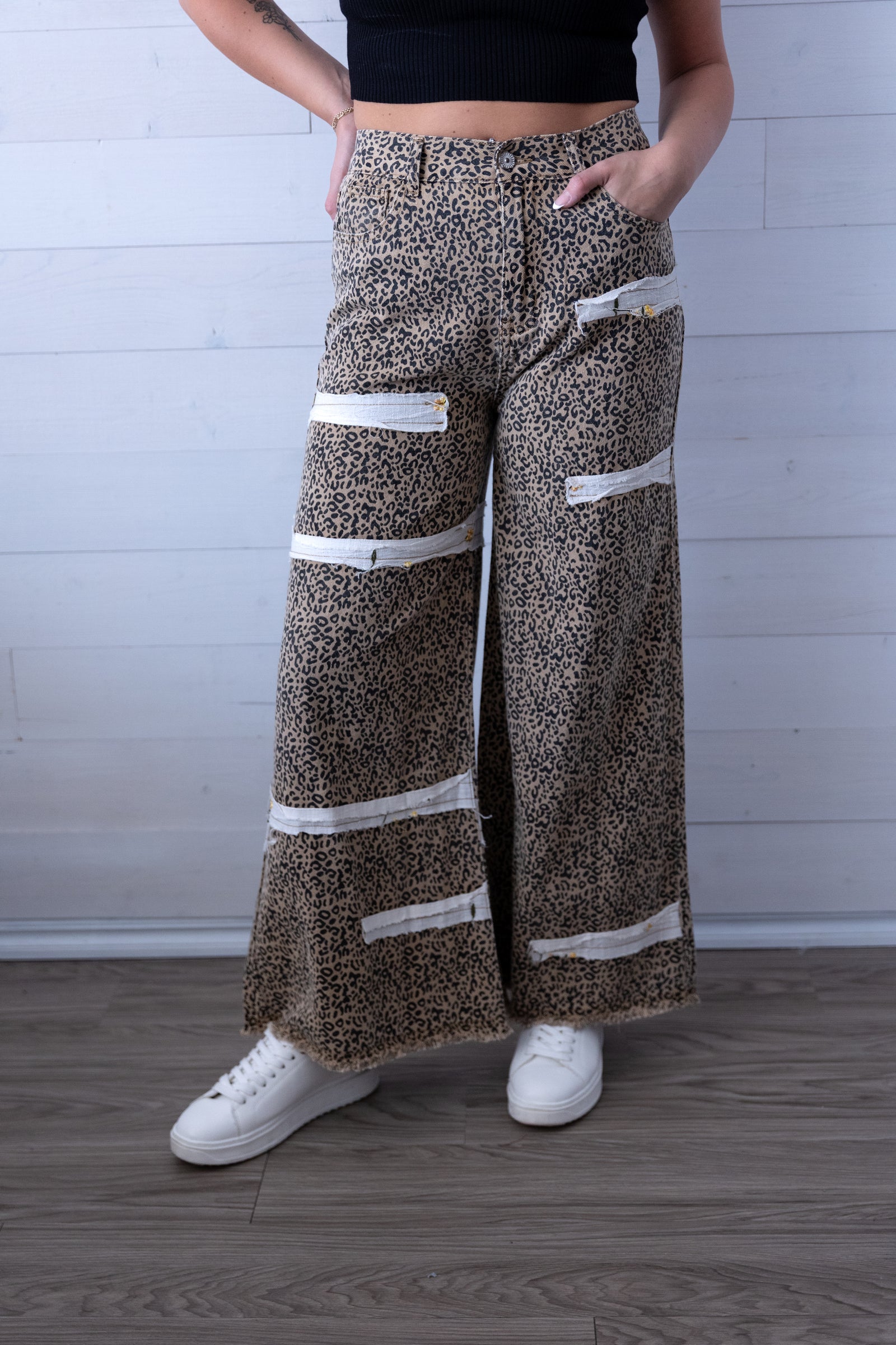 POL Leopard Print Pant with Floral Strip Patches
