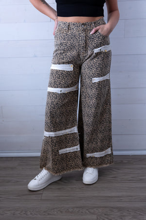 POL Leopard Print Pant with Floral Strip Patches