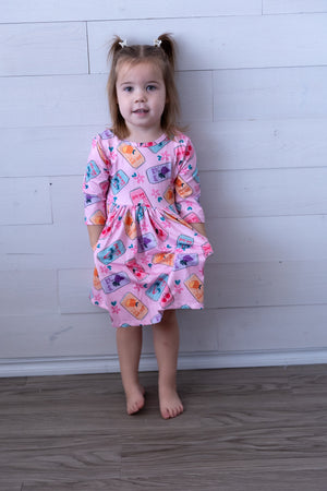 Girly Pop 3/4 Sleeve Pocket Twirl Dress