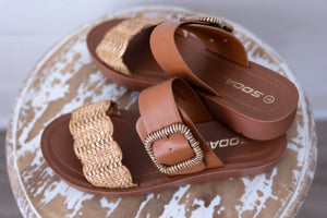 Soda Cactus Women's Open Toe Raffia Flat Sandals with Buckle Strap
