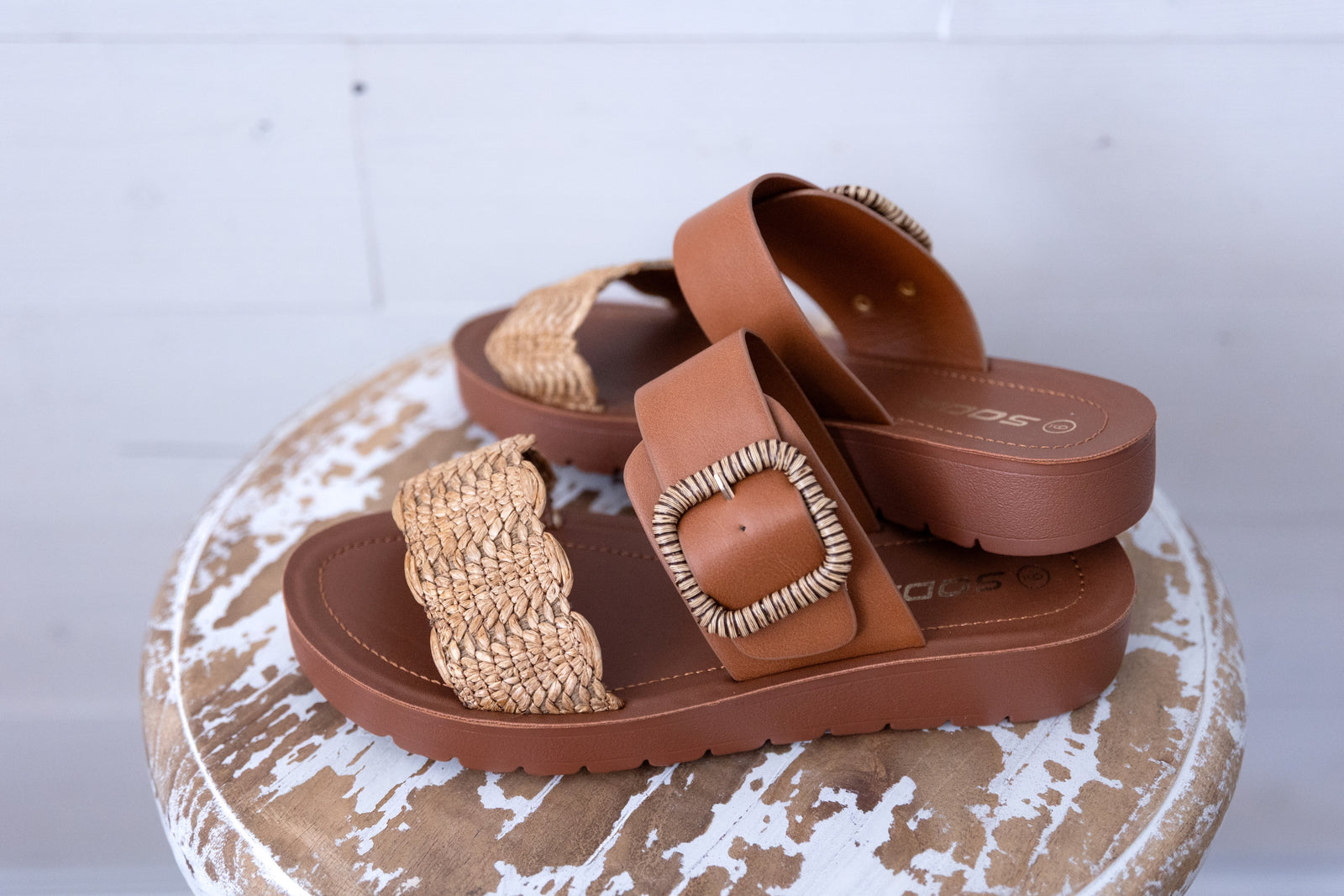 Soda Cactus Women's Open Toe Raffia Flat Sandals with Buckle Strap