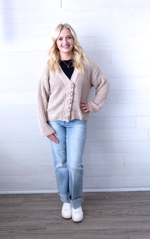 V-Neck Chenille Cardigan with Flower Buttons
