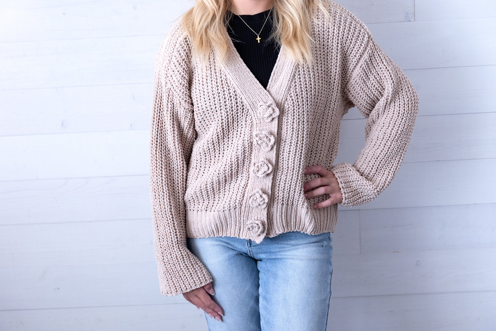 V-Neck Chenille Cardigan with Flower Buttons