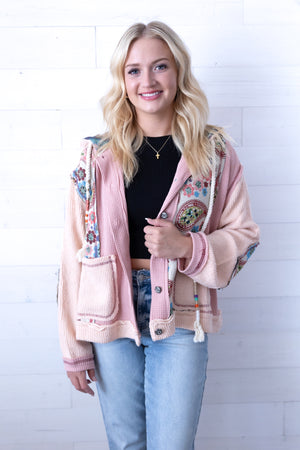 POL Rose Pink Balloon Sleeved Thermal Floral Print Jacket