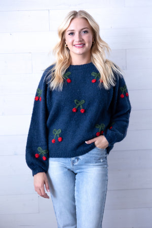 Navy Cherry Sweater