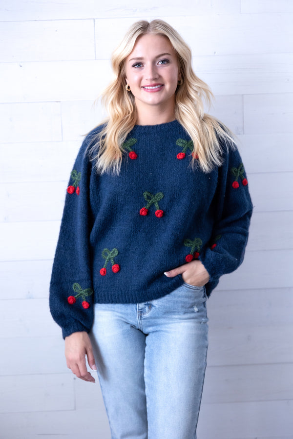 Navy Cherry Sweater - The Burlap Buffalo