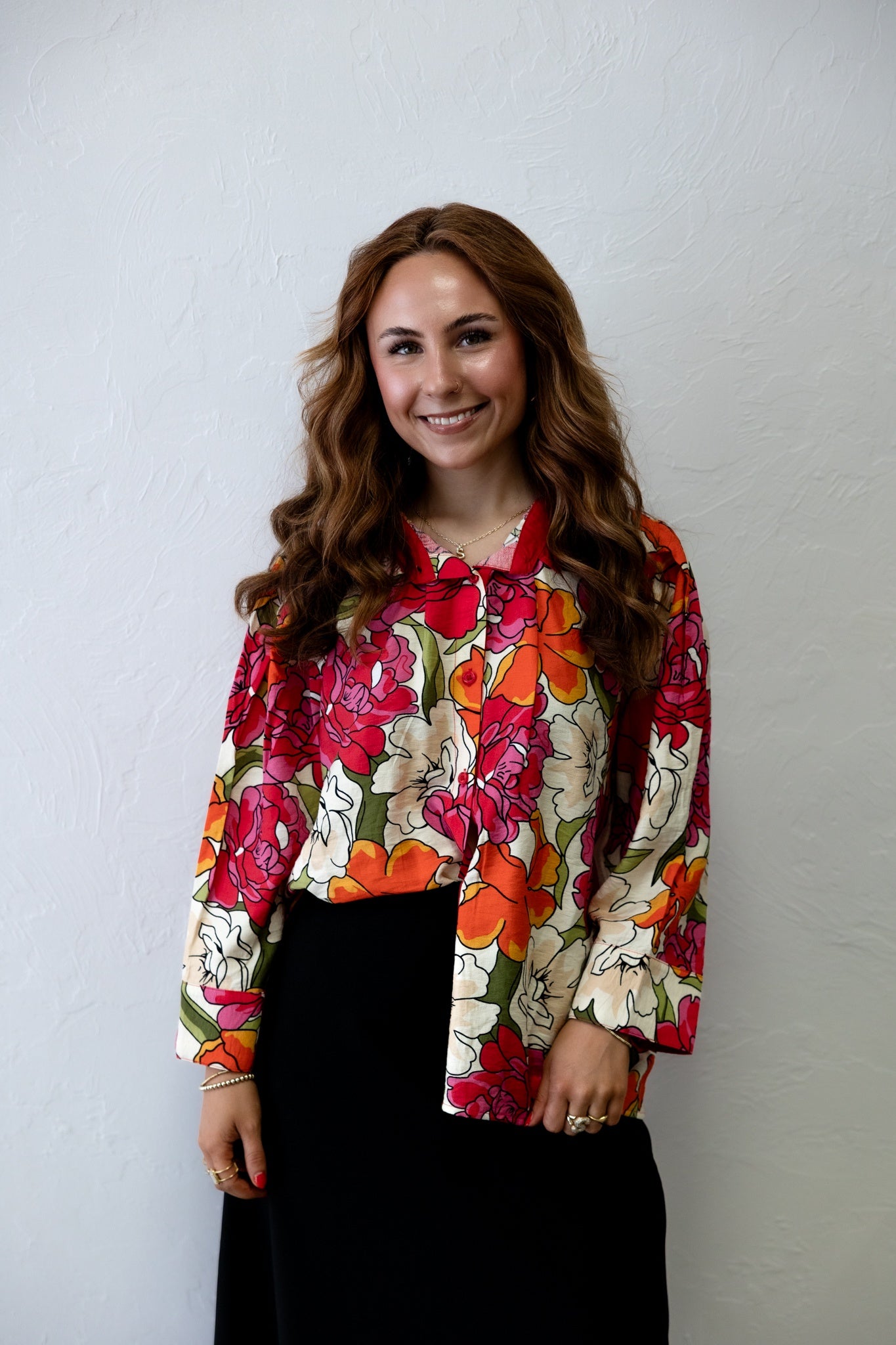 Red Solid Contrast Accent Floral Top