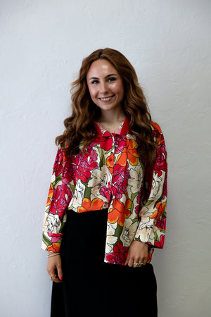 Red Solid Contrast Accent Floral Top