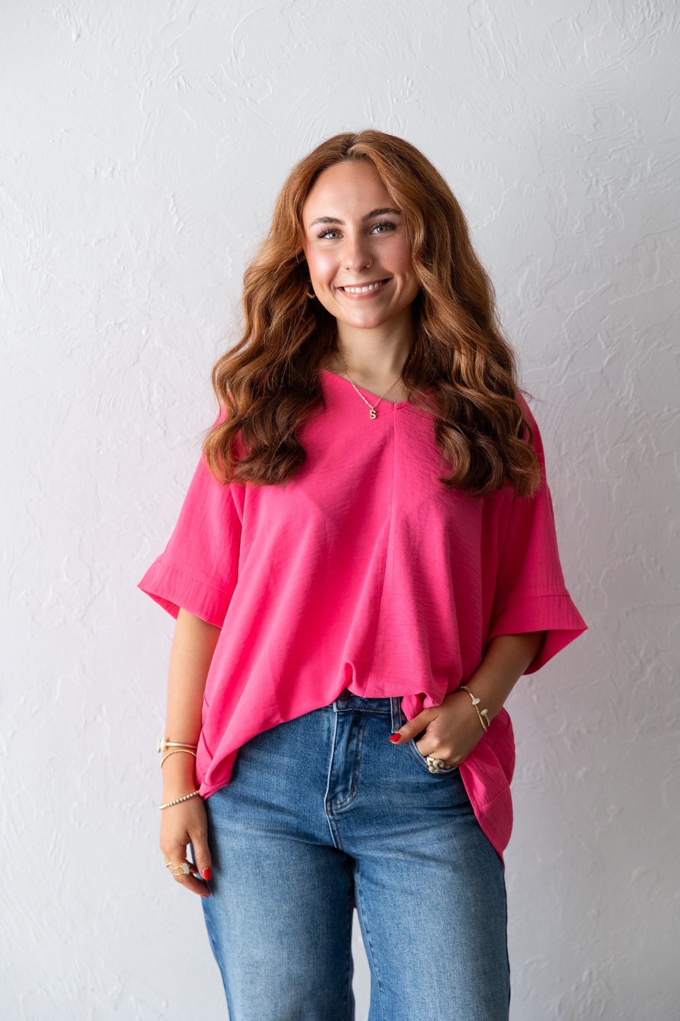 Fuchsia Airflow V-Neck High Low Top