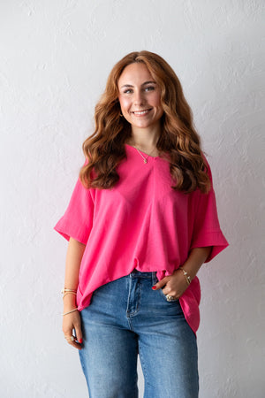Fuchsia Airflow V-Neck High Low Top