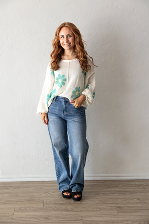 Thin Ivory Sweater Rolling Edge Teal Flowers POL