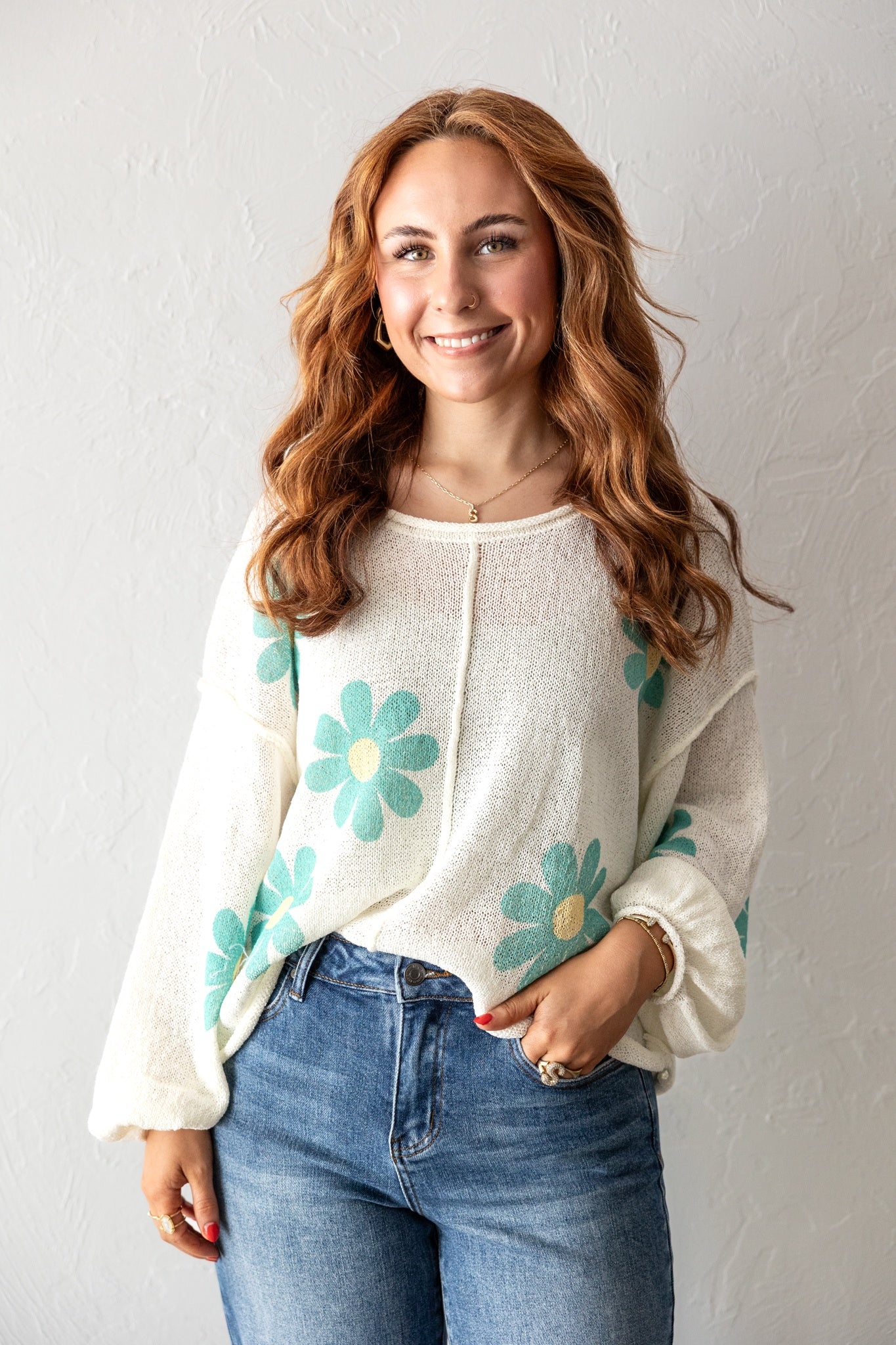 Thin Ivory Sweater Rolling Edge Teal Flowers POL