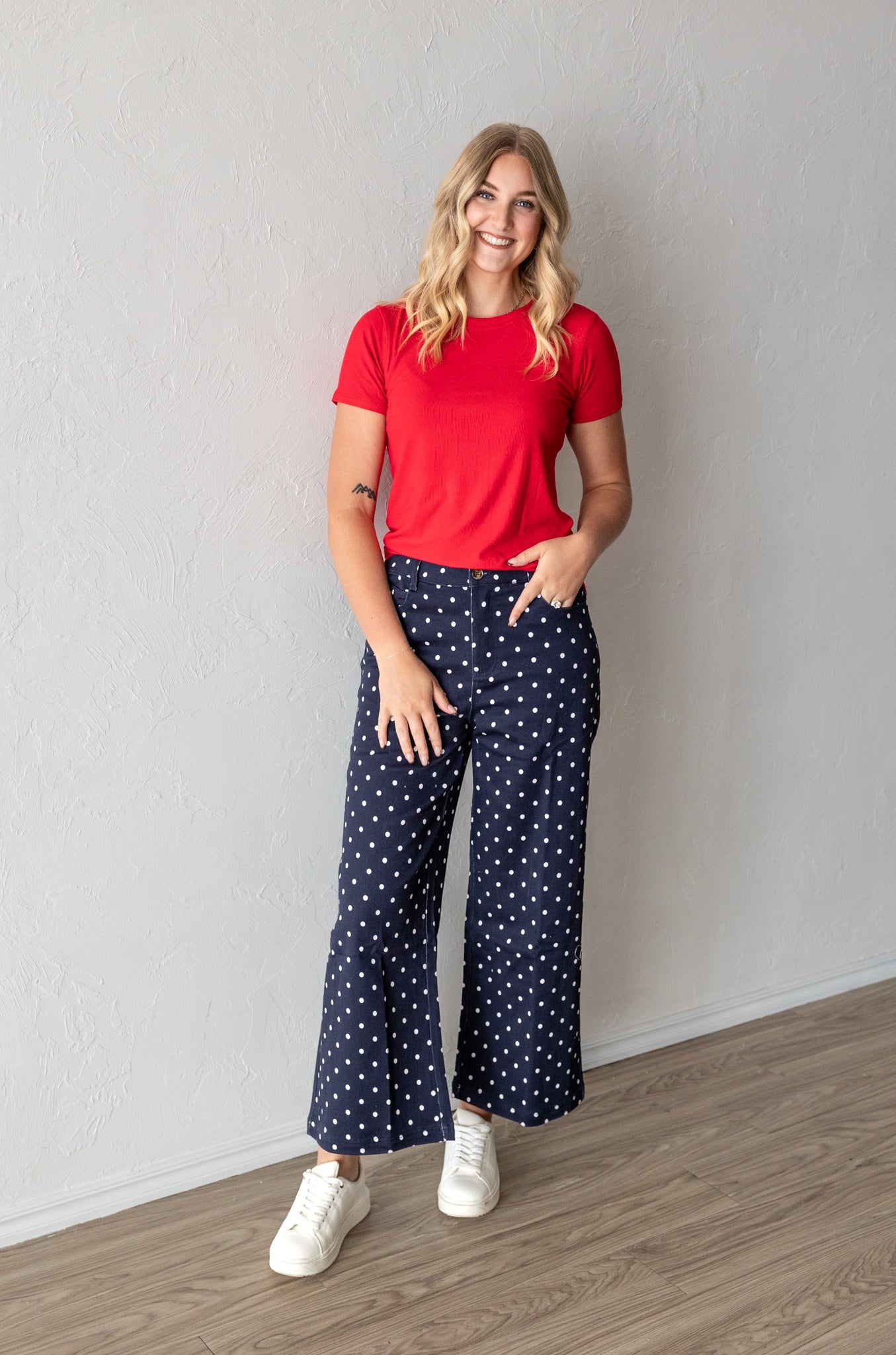 Navy Polka Dot Wide Leg Pants