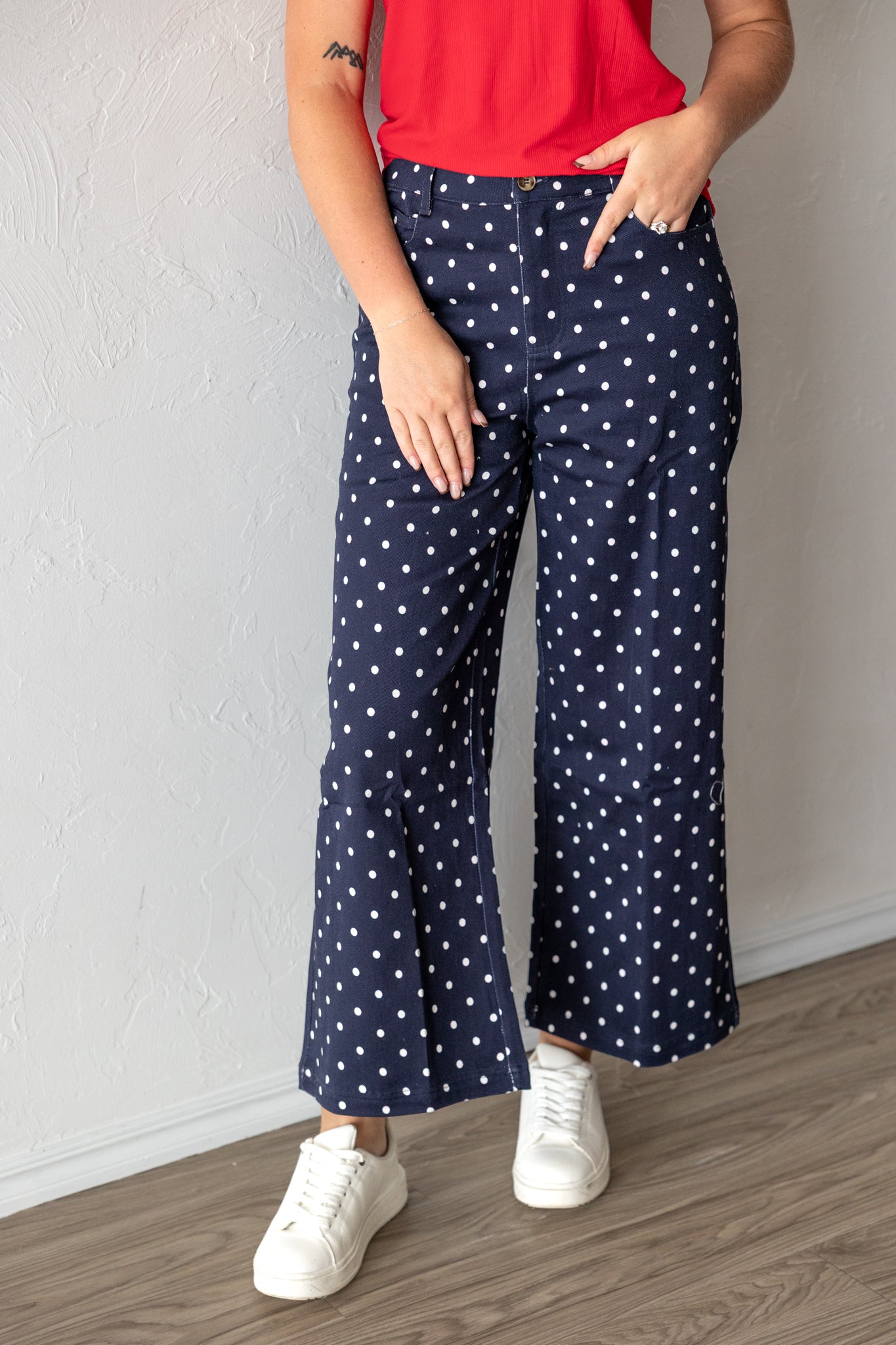 Navy Polka Dot Wide Leg Pants